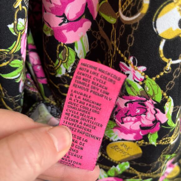 Betsey Johnson Floral Chain Print Blouson Top XL Pink Roses Boho Glam - Picture 9 of 10